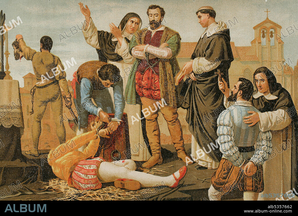 The Revolt of the Comuneros or War of the Communities of Castile, 1520-1521. Uprising by citizens of Castile against the rule of Charles V and his administration. Juan Lopez de Padilla (1490-1521), Juan Bravo (c. 1483-1521) and Francisco Maldonado (1480-1521), leaders of the revolt, executed in Villalar de los Comuneros in 1521. Execution of the Comuneros of Castile. Illustration after a painting by Gisbert. Chromolithography. Historia General de España (General History of Spain), by Miguel Morayta. Volume III. Madrid, 1890.