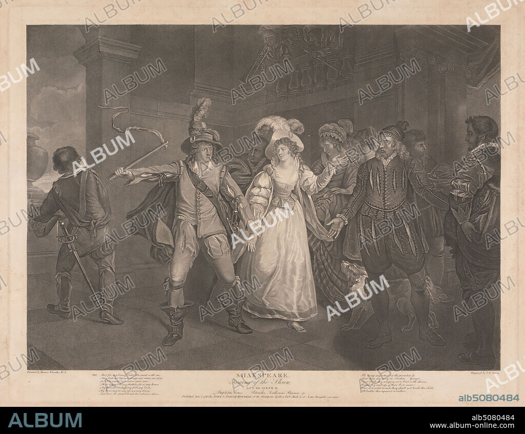 Taming Of The Shrew, Act III, Scene II, Peter Simon, 17501810, after Francis Wheatley, 17471801, British, 1795, Engraving and stipple engraving on thick, moderately textured, beige, wove paper, Sheet: 22 7/8 × 28 13/16 inches (58.1 × 73.2 cm), Plate: 19 1/2 × 25 1/8 inches (49.5 × 63.8 cm), and Image: 17 1/8 × 23 3/8 inches (43.5 × 59.4 cm).