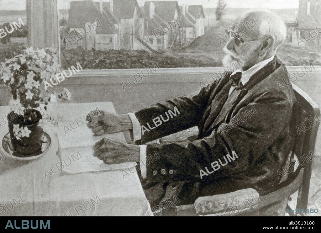 Ivan Petrovich Pavlov (September 26, 1849 - 1936), Russian physiologist and experimental psychologist, who received the 1904 Nobel Prize for his work on the physiology of the digestive glands. He is best remembered for his work on conditioned reflexes, in which he conditioned dogs to salivate in anticipation of food by ringing a bell each meal time. Eventually, the bell alone provoked salivation. These experiments became the foundation of behaviorist psychology. Pavlov asked one of his students to sit beside his bed and to record the circumstances of his dying. He wanted to create unique evidence of subjective experiences of this terminal phase of life. He died of double pneumonia at the age of 86. Print of painting by Nesterov, 1920.