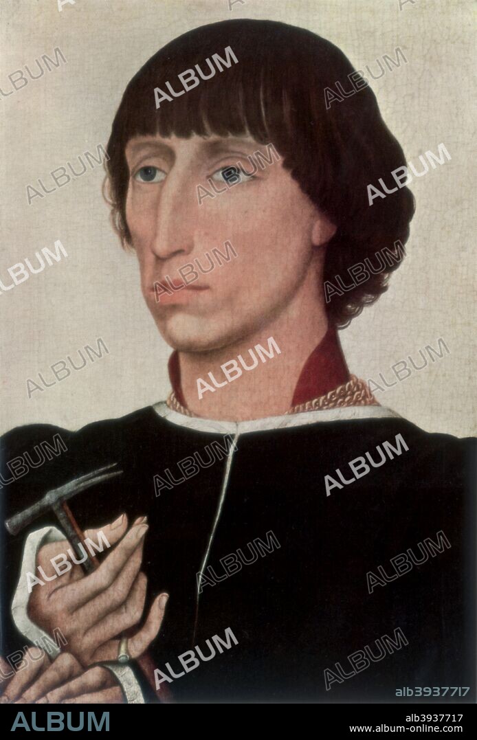 'Francesco d'Este', c1460 (1927). Found in the collection of The Friedsam Collection, Metropolitan Museum of Art, however, the painting in the Met, he is holding a ring?. A print from Flemish and Belgian art 1300-1900, The Exhibition organised by the Anglo-Belgian Union at Burlington House, London. Essays by paul Lambotte, Dr Max Friedlander and W G Thomsom, Apollo Press, London, 1927.