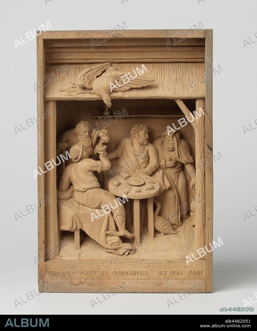 Jupiter and Mercury with Philemon and Baucis, Jupiter and Mercury are guests in the Philemon and Baucis cabin. On the thatched roof the downward-looking eagle (Jupiter), sitting on a lightning bolt. The goose is in front of Baucis. In the relief the cut-out caption: Chacun peut se contanter de son sort. With frame, (story of) Philemon and Baucis, anonymous, Zuid-Nederland, c. 1700 - c. 1800, wood (plant material), h 23 cm × w 15 cm × d 6 cm.
