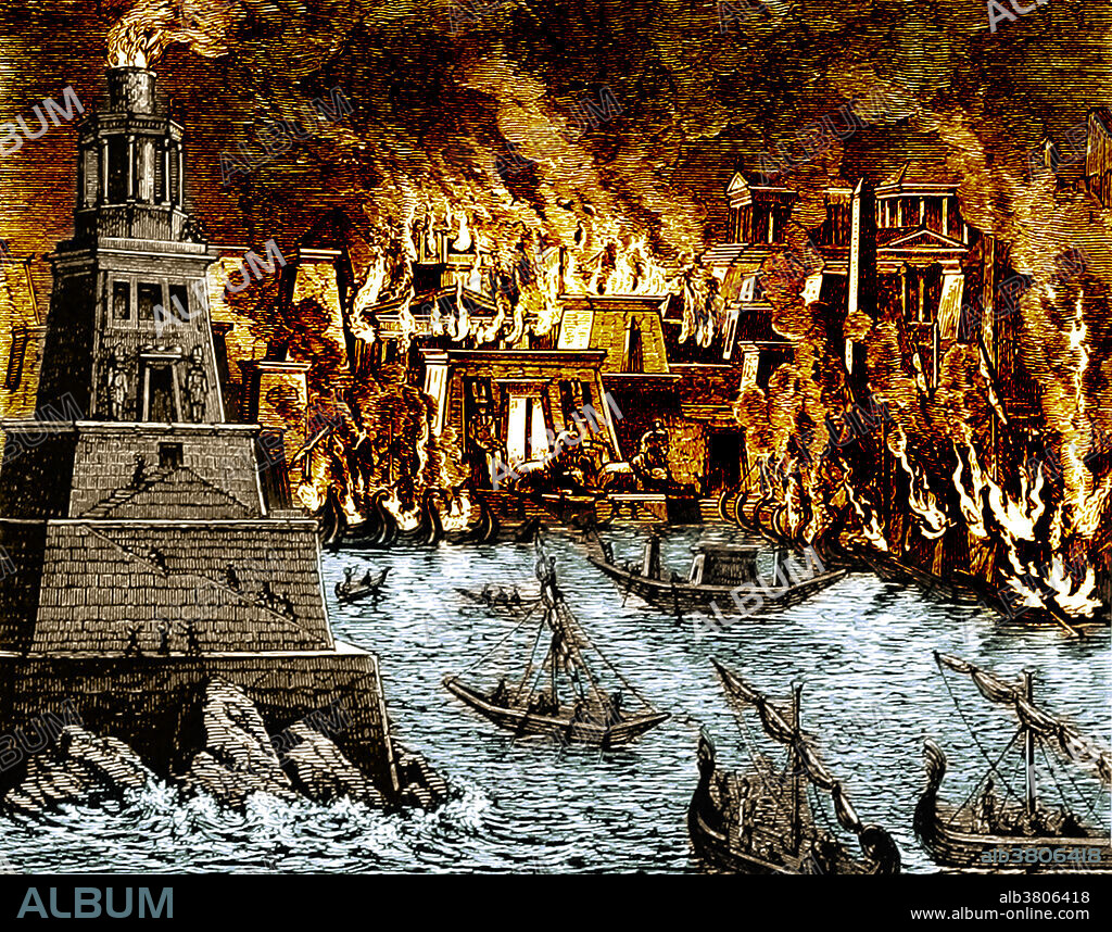 Burning of the Royal Library of Alexandria engraving taken from page 578 of Popular History of Egypt by John Westrop Watkins, 1886. Alexandria was founded by Alexander the Great in 331 BC. The Royal Library of Alexandria was one of the largest and most significant libraries of the ancient world. It flourished under the patronage of the Ptolemaic dynasty and functioned as a major centre of scholarship from its construction in the 3rd century BC until the Roman conquest of Egypt in 30 BC. With collections of works, lecture halls, meeting rooms, and gardens, the library was part of a larger research institution called the Museum of Alexandria, where many of the most famous thinkers of the ancient world studied. Most of the books were kept as papyrus scrolls, and though it is unknown how many such scrolls were housed at any given time, their combined value was incalculable. The library is famous for having been burned resulting in the loss of many.