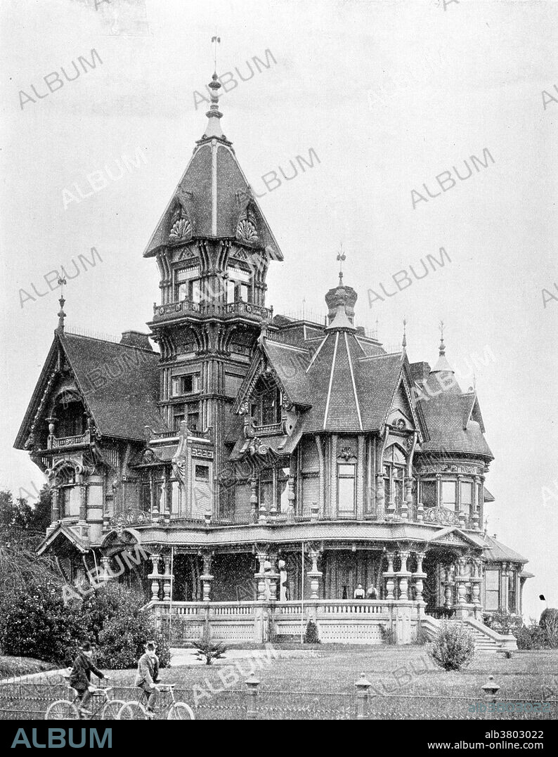 The Carson Mansion is a large Victorian house located in Old Town, Eureka, California. Regarded as one of the highest executions of American Queen Anne Style architecture, the house is "considered the most grand Victorian home in America." Originally the home of one of Northern California's first major lumber barons, William Carson. The Gilded Age mansions were built in the United States in a short historic period spanning between the 1870s until about 1900. Raised by the nation's industrial, financial and commercial elite who amassed great fortunes coinciding with an era of expansion of the railroads, steel and fossil fuels industries, economic, technical and scientific progress, and a complete lack of personal income tax. This made possible the very rich to build mansions designed by prominent architects of its day and decorated with antiquities, furnitures, collectibles and works of art, many imported from Europe. No photographer credited, dated 1902.