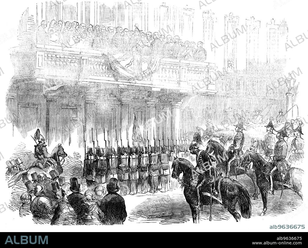 The Reading of the Royal Proclamation of Peace at Dublin, [Ireland], 1856. Ceremony to mark the end of the Crimean War. The proclamation was read at Dublin Castle and at the Mansion House, '... with all the pomp and show which could tend to act upon and harmonise with public enthusiasm. The soldiers and heralds - the courtly retinue - the gorgeous trappings and the brilliant decorations- all passed off to admiration...The troops numbered at least seven thousand...Sir Bernard Burke, Ulster King of Arms...with the Heralds, and the Viceregal Household, ascended to the Castle balcony, and a call having been thrice sounded, Athlone Pursuivant commanded silence, and the Queen's Proclamation of Peace was read aloud by Ulster King of Arms. "God Save the Queen" was shouted, and the bands then struck up...'. From "Illustrated London News", 1856.