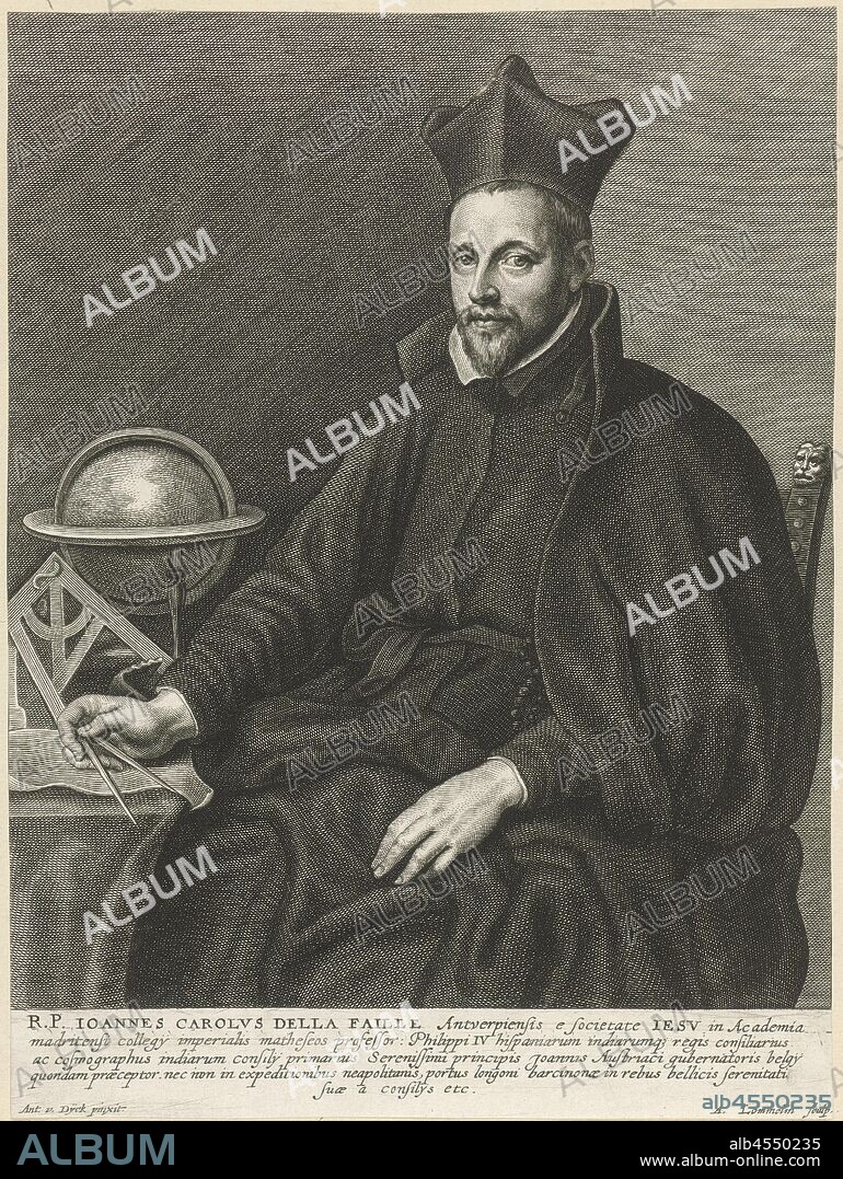 Portrait of Johannes Carolus de la Faille, Jesuit and mathematician, Johannes Carolus de la Faille, Adriaen Lommelin (mentioned on object), Antwerp, 1630 - 1677, paper, engraving, h 282 mm × w 209 mm.