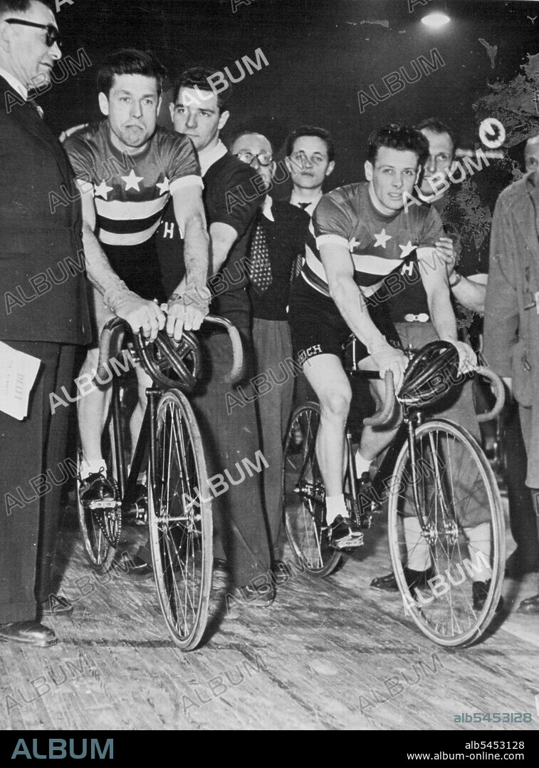 Crack Australian cycling pair, Alf Strom (left) and Roger Arnold, at the start of the recent six day's race in Paris. March 14, 1953. (Photo by Paul Popper Ltd.).