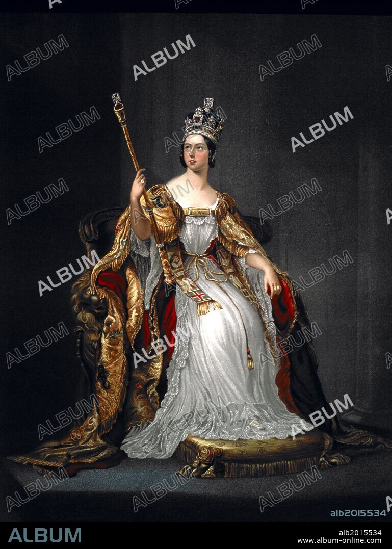 La reina Victoria con sus traje de la coronación, 1937, oleografía.