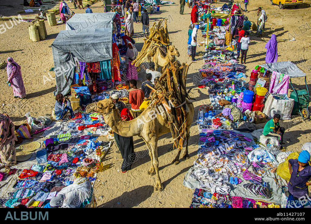 Loaded camel walking through the colourful monday market of Keren, Eritrea.