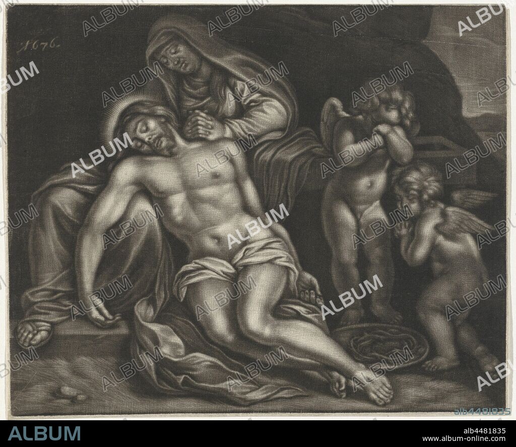 Pieta, Mary weeping over the dead Christ lying on her lap. In addition to her two grieving angels, the dead Christ in Mary's lap, Jan van Somer, Amsterdam, 1676, paper, h 213 mm × w 261 mm.