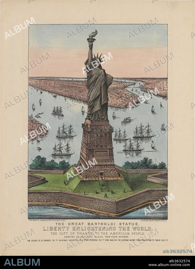 The Great Bartholdi Statue - Liberty Enlightening the World. Dimensions: Image: 13 9/16 x 9 3/4 in. (34.5 x 24.7 cm)
Sheet: 17 3/4 x 13 1/2 in. (45.1 x 34.3 cm). Publisher: Currier & Ives (American, active New York, 1857-1907). Date: 1885.