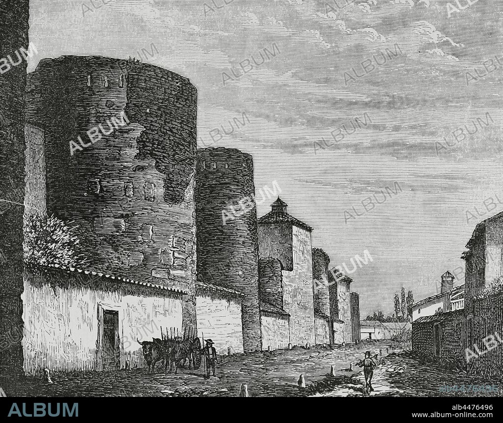 España. León. Muralla. Grabado. Crónica General de España, Historia Ilustrada y Descriptiva de sus Provincias. Tomo Asturias y León, 1867. Biblioteca Histórico Militar de Barcelona, Cataluña, España.