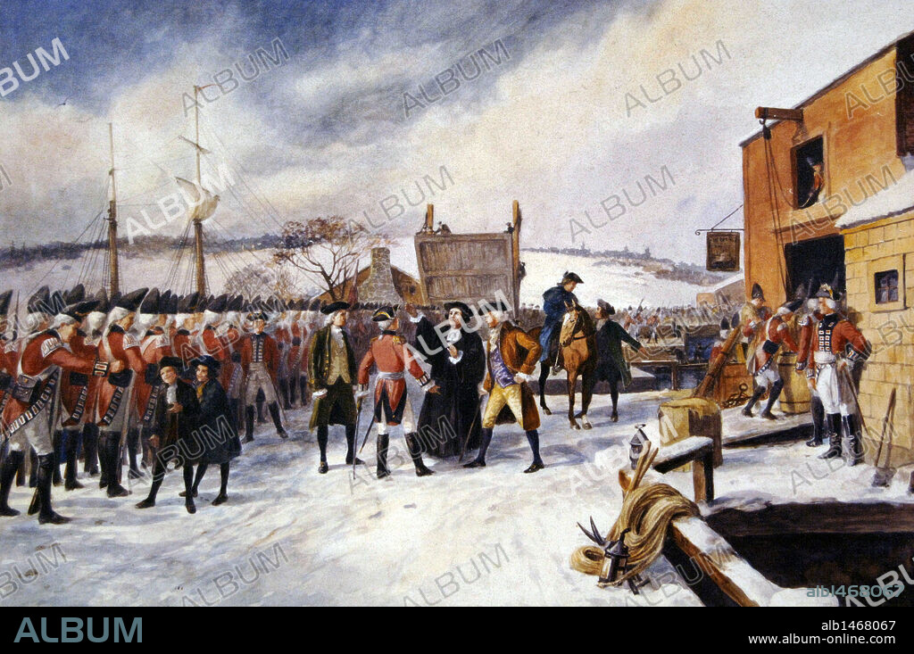 GUERRA DE INDEPENDENCIA DE LOS ESTADOS UNIDOS (1775-1783). "EL CORONEL ALEXANDER LESLIE SOBRE EL PUENTE NORTE. SALEM (26 de febrero de 1775) ". Acuarela de LEWIS JESSE BRIDGMAN (1857-1931). Peabody Essex Museum. Salem. Estado de Massachusetts. Estados Unidos.