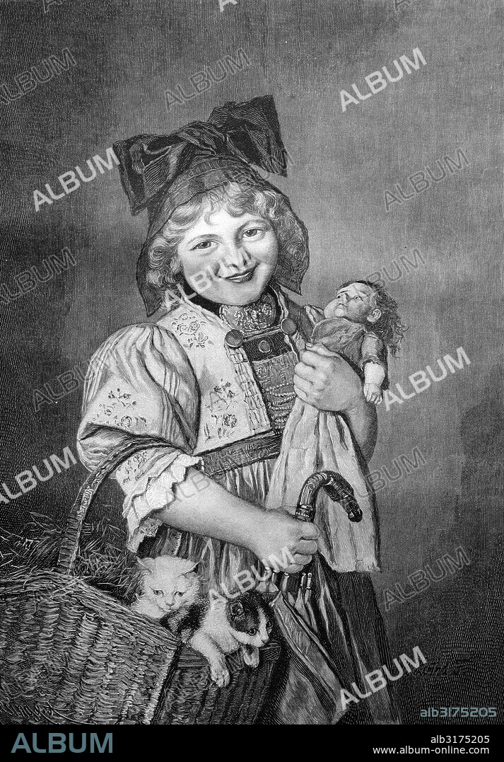 Child ready for a trip, with umbrella, puppet and basket with cats, historical illustration circa 1893.