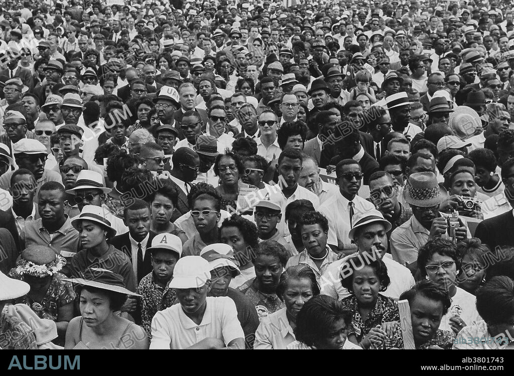 Entitled: "Close-up view of a crowd at the march." The March on Washington for Jobs and Freedom was one of the largest political rallies for human rights in United States history and called for civil and economic rights for African-Americans. On Wednesday, August 28, 1963. Martin Luther King, Jr., standing in front of the Lincoln Memorial, delivered his historic "I Have a Dream" speech in which he called for an end to racism. The march was organized by a group of civil rights, labor, and religious organizations, under the theme "jobs, and freedom". Estimates of the number of participants varied from 200,000 to 300,000; it is widely accepted that approximately 250,000 people participated in the march. Observers estimated that 75-80% of the marchers were black. The march is credited with helping to pass the Civil Rights Act (1964) and preceded the Selma Voting Rights Movement which led to the passage of the Voting Rights Act (1965).