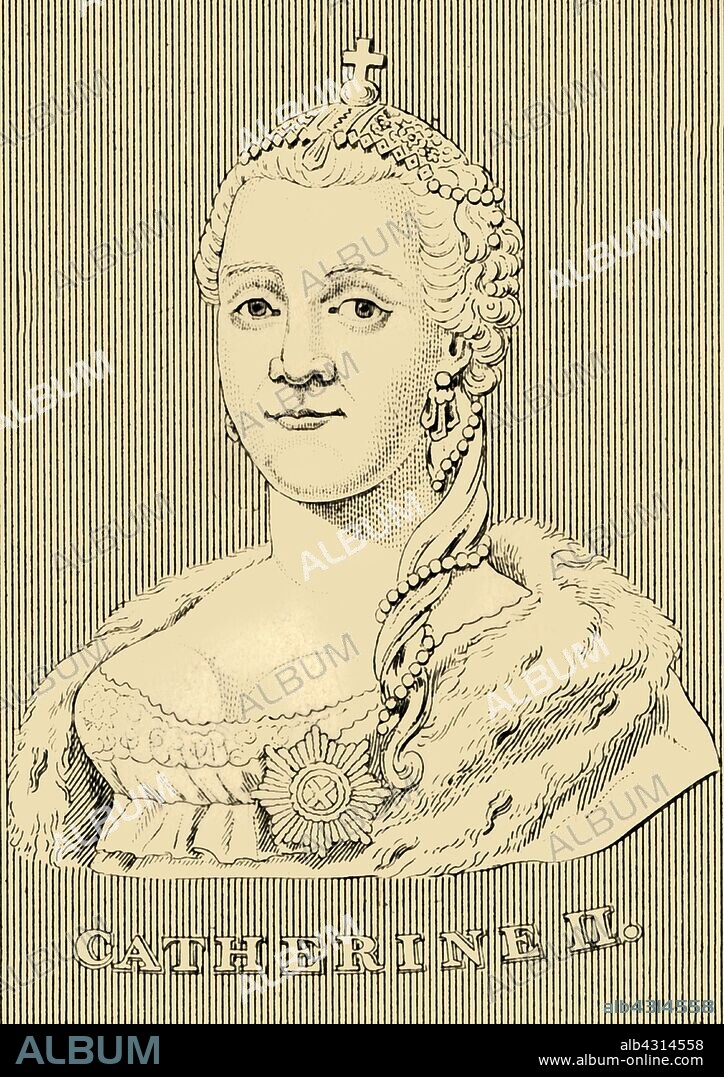 'Catherine II', (1729-1796), 1830. Catherine the Great (1729-1796) born Princess Sophie of Anhalt-Zerbst, Empress of Russia from 1762-1796 following a  coup d'etat she organised, resulting in her husband, Peter III, being overthrown. From "Biographical Illustrations", by Alfred Howard. [Thomas Tegg, R. Griffin and Co., J. Cumming, London, Glasgow and Dublin, 1830].