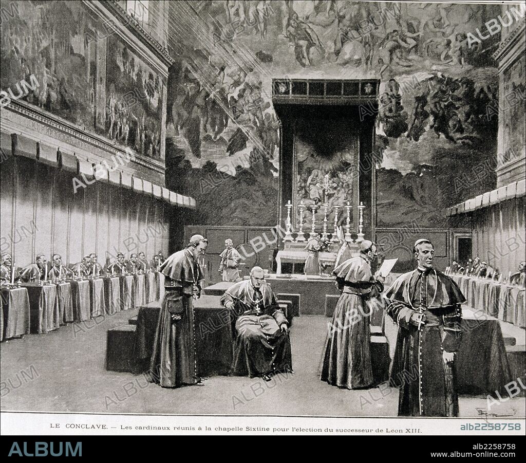 LEON XIII ( VINCENZO GIOACCHINO PECCI ). PAPA. 1878-1903. CONCLAVE PARA SU SUCESION EN 1903. GRABADO L'ILLUSTRATION.
