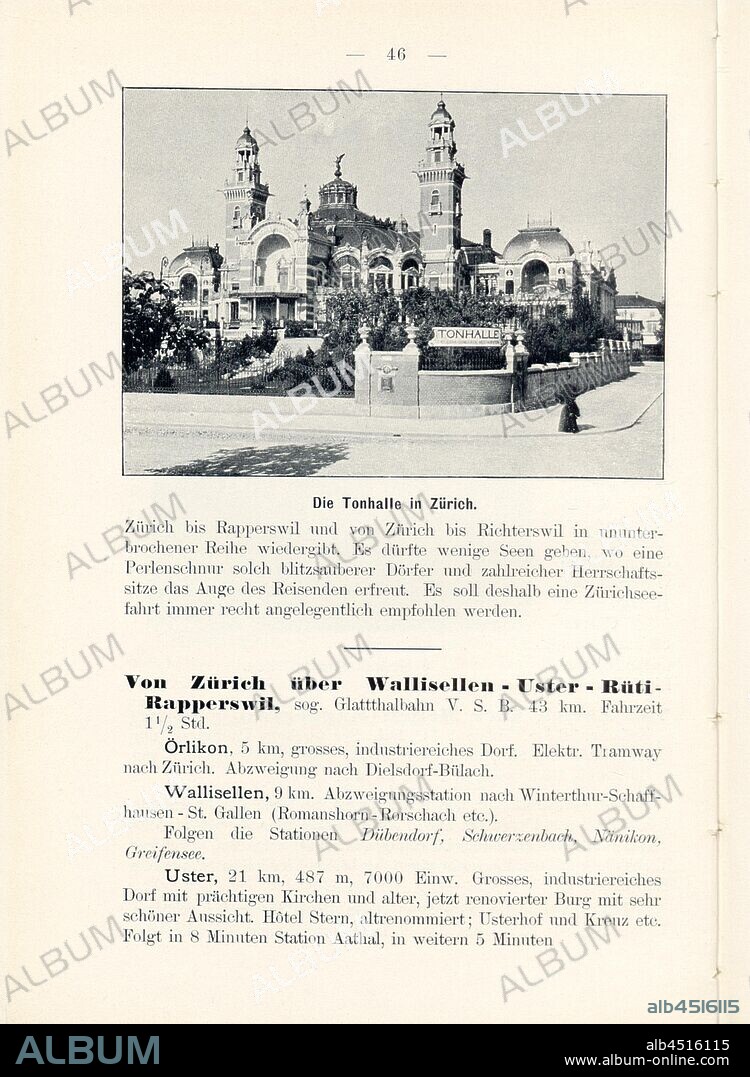 Tonhalle in Zurich, Concert Hall in Zurich, Fig. 46, p. 46, 1900, J. Knobel: Illustrierter Reisebegleiter für die Alpenstrasse des Klausen und ihre Zufahrtslinien. Glarus: Buchdruckerei J. Spälti, 1900.