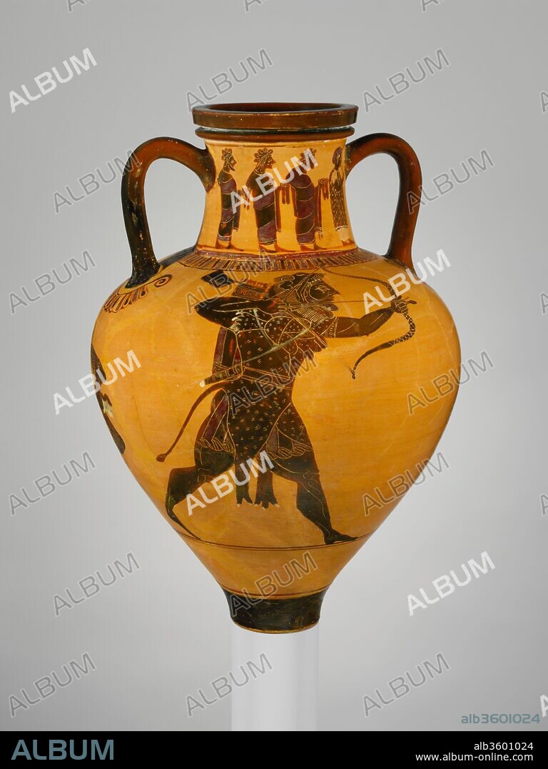 Terracotta neck-amphora (jar). Culture: Greek, Attic. Dimensions: H: 13" Greatest diameter: 8 3/4". Date: ca. 540-530 B.C..
Obverse, Herakles; reverse, Geryon. On the neck, obverse and reverse, a flute-player leading a procession of youths and men
One of the labors of Herakles was to obtain the cattle of Geryon, a creature composed of three fully-armed bodies. Geryon lived on an island in the far west with his herdsman, Eurytion, and dog, Orthros. Here, Herakles takes aim with his arrow against Geryon, one of whose bodies is falling. The subject was popular in the sixth century B.C.; several representations in stone can be seen in the Cypriot galleries on the second floor. The vase is exceptional for its broad and sharply tapering shape that lacks a foot. It is also one of the earliest instances where the protagonists of a story are placed on opposite sides of the body.