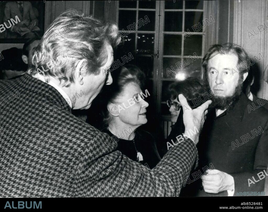 Dec. 09, 1974 - The Nobel Prize winners for literature meet Solzhenitsyn at Stockholm cocktail party: The Nobel Prize winners were gathered together today when they attended a cocktail party held at the Stockholm Stock Exchange. The exiled Soviet writer, Alexander Solzhenitsyn, was also present and he will join the other winners at tomorrow's presentation ceremony when he will received his 1970 literature prize. Photo shows Danny Kaye chatting to Alexander Solzhenitsyn at today's cocktail party. In the centre is Alva Myrdahl. Photo: Lef R Jansson / TT / Kod: 50020.