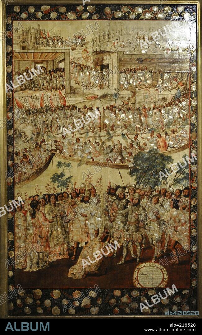 Título: Conquista de México. Autor: Anónimo. Tabla, pintura al óleo, nácar. Técnica: Enconchado. Escenas de la conquista y entrada de Cortés en México y recibimiento de Moctezuma. 1676-1700. Escuela Mexicana. Virreinato de la Nueva España. México. América del Norte. Museo de América. Madrid. España.