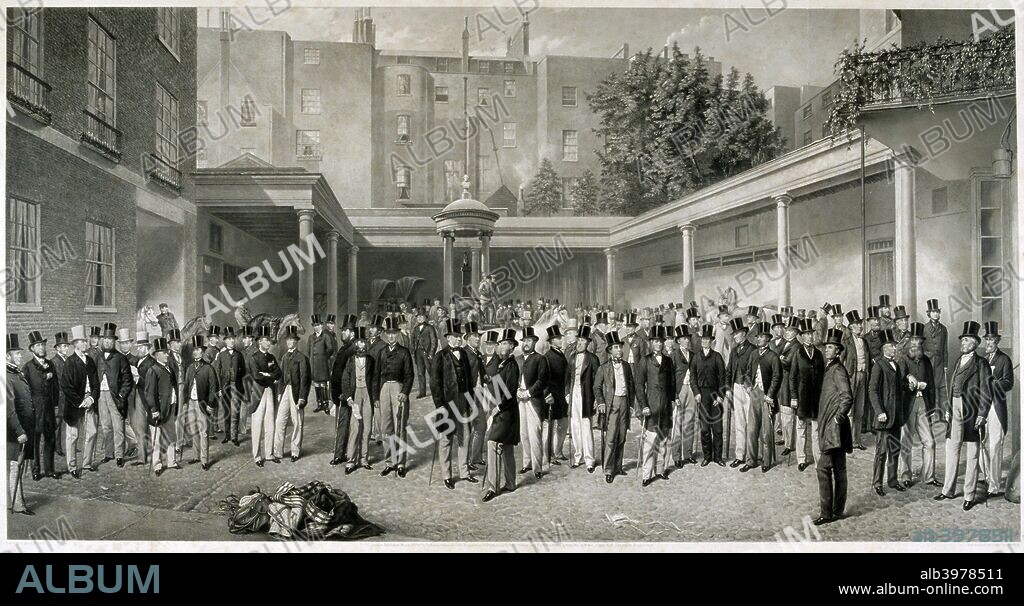 Tattersall's Horse Sale Yard at Hyde Park Corner, London, pre 1865 (1870). View showing men in suits and top hats in the foreground, with horses led around the courtyard in the background. The buildings were demolished in 1865 and a new wing for St George's Hospital was built.