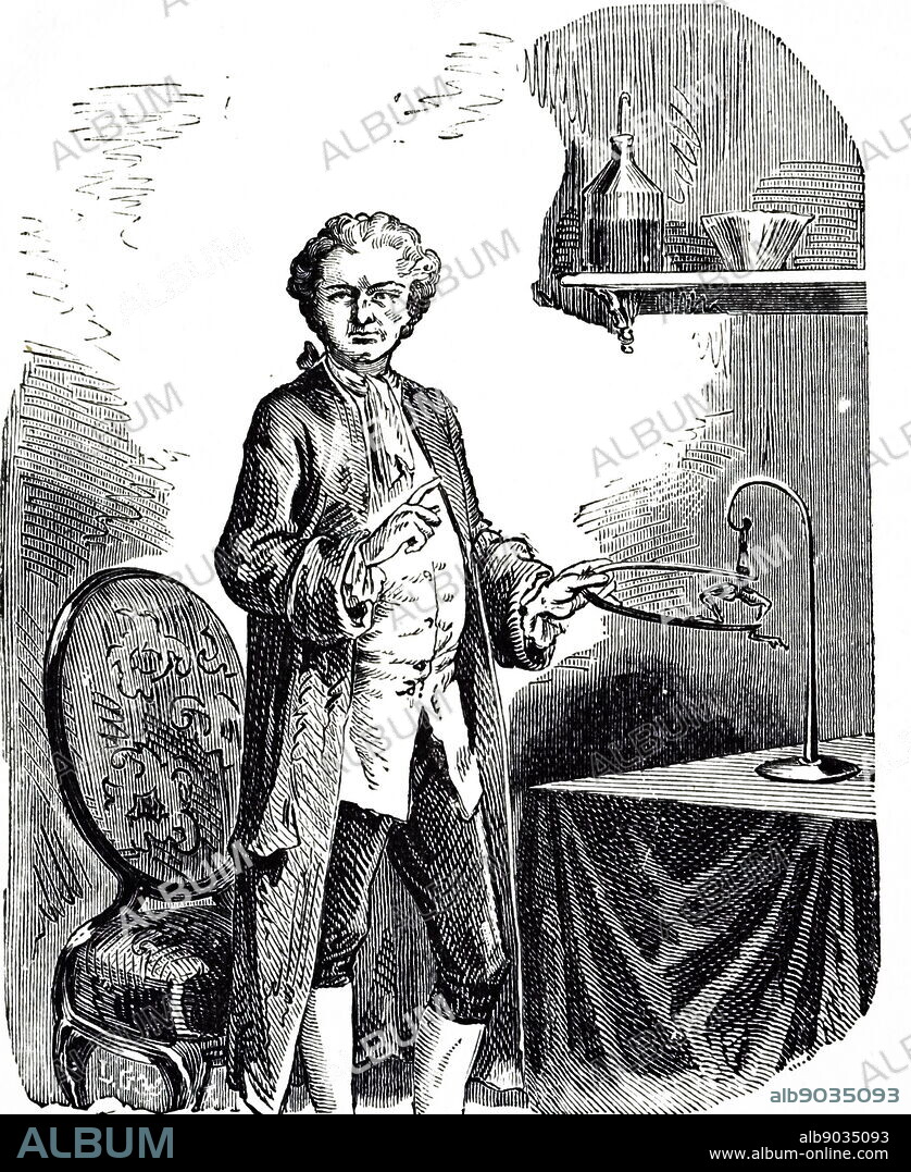 An engraving depicting Luigi Galvani investigating the behaviour of muscles stimulated by electricity. Luigi Galvani (1737-1798) an Italian physician, physicist, biologist and philosopher. Dated 19th century.
