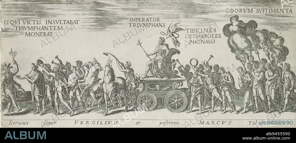 Triumph procession with the emperor on a triumphal chariot, Servius super Vergilium, et postremo, Marcus tul Cicero (title on object), Roman triumphs (series title), Amplissimi ornatißimiq triumphi, uti. L. PAVLVS DE rege Macedonum Perse capto, P. Africanus Aemilianus de Carthage: nensibus excisis. C N. Pompeius Magnus ex oriente, Julius Augus: tus, Vespasianus (...) (series title), Procession of musicians, priests with smoking incense and the emperor enthroned on a chariot pulled by horses. Title in Latin in lower margin. Print is part of an album., print maker: Onofrio Panvinio, after drawing by: Jan Snellinck (I), after design by: Maarten van Heemskerck, print maker: Italy, after drawing by: Antwerp, publisher: Rome, 1618, paper, engraving, height 156 mm × width 360 mm.