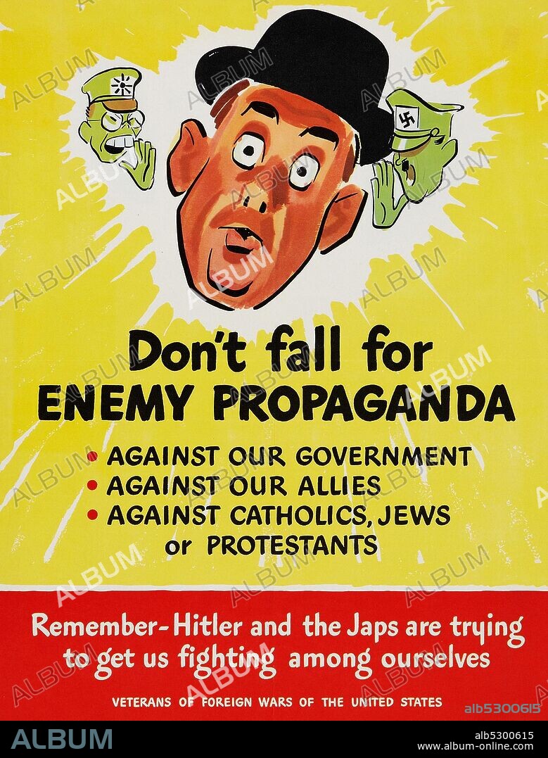 World War II "Don't Fall for Enemy Propaganda" by Jack Betts (U.S. Government Printing Office, early 1940s). Propaganda Poster.  Unusual "fun" WW II propaganda poster, showing greenish caricatures of a "Jap" and Hitler whispering in the ear of an American, telling obvious political lies to stir racial and religious unrest..