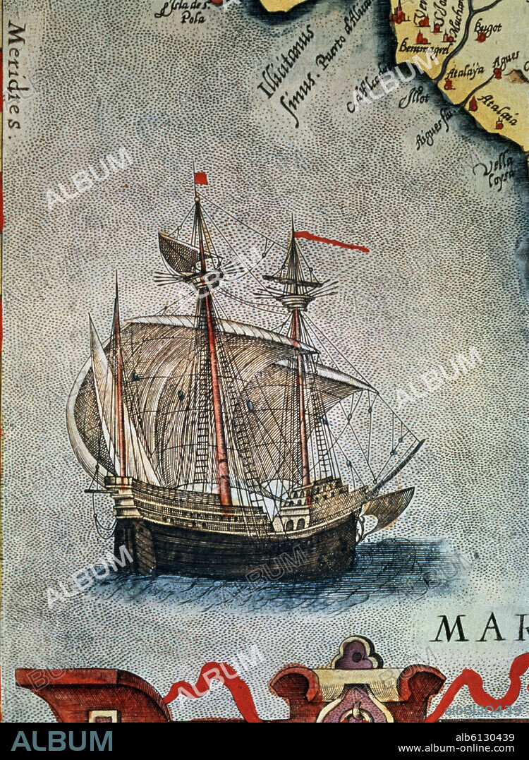 ABRAHAM ORTELIUS (1527-1598). MAPA DEL REINO DE VALENCIA - DETALLE DE UN GALEON - SIGLO XVI - Detalle de la nº 6438.