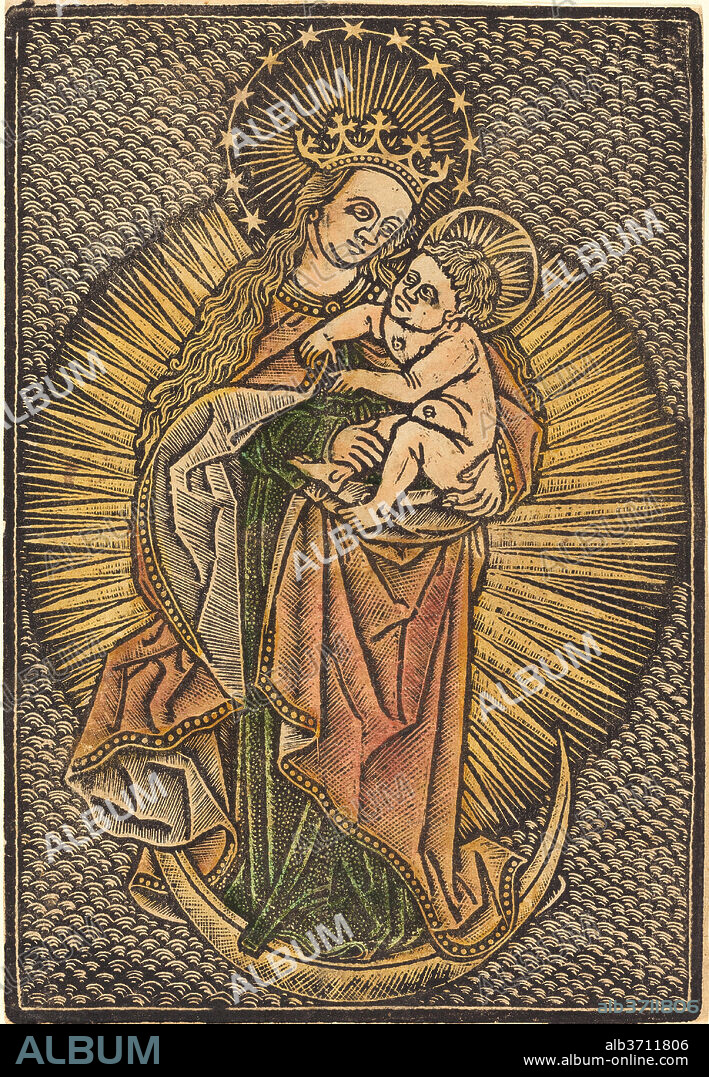 GERMAN 15TH CENTURY OR MASTER OF THE MESHED BACKGROUND. Madonna and Child in Glory. Dated: fourth quarter 15th century. Medium: metalcut, hand-colored in yellow, red, and green.