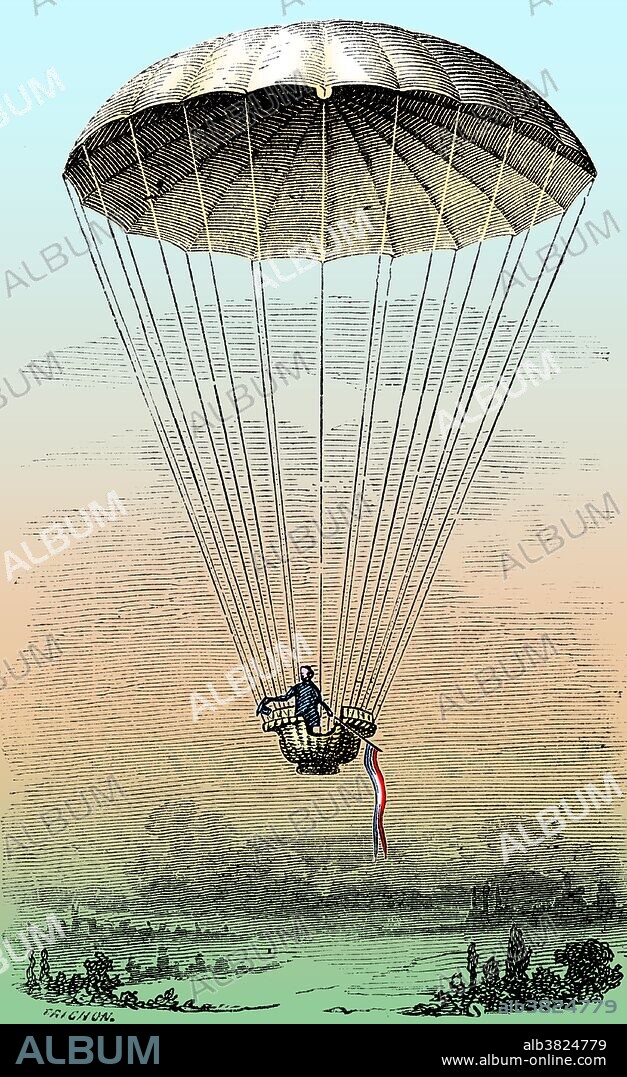 The modern parachute was invented in France in the 18th century by Louis-Sebastien Lenormand. Lenormand made the first recorded public jump in 1783. In 1785, Jean-Pierre Blanchard demonstrated it as a means of safely disembarking from a hot-air balloon. While Blanchard's first parachute demonstrations were conducted with a dog as the passenger, he later claimed to have had the opportunity to try it himself in 1793 when his hot air balloon ruptured and he used a parachute to descend (this event was not witnessed by others). Subsequent development of the parachute focused on it becoming more compact. While early parachutes were made of linen stretched over a wooden frame, in the late 1790s Blanchard began making parachutes from folded silk, taking advantage of silk's strength and light weight. In 1797, Andre Garnerin made the first descent using such a parachute. He also invented the vented parachute, which improved the stability of the fall. This image has been color-enhanced.
