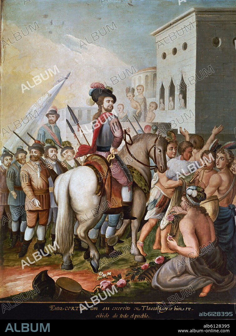 ANONYME. Conquest of Mexico. Cortés entering Tlaxcala with his army. 1519-1521. Painted on copper. 18th century. Madrid, America museum.