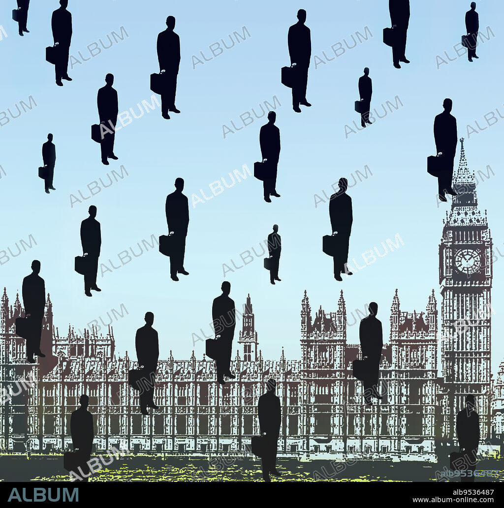 RENÉ MAGRITTE. Silhouettes of businessmen over Houses of Parliament in Magritte pastiche.