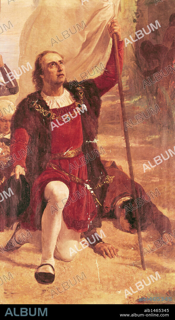 COLON, Cristóbal (Génova, 1451-Valladolid, 1506). Navegante al servicio de los Reyes Católicos. Descubridor de América. El 12 de octubre de 1492 Colón llegó a la isla de Guanahani, llamada San Salvador (Watling, en las Bahamas). "DESCUBRIMIENTO DE AMERICA". Oleo de Eduardo Llorens Masdeu. Museo Marítimo de Barcelona. Cataluña.