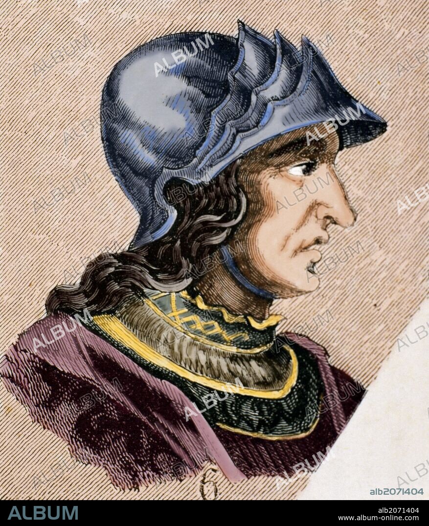 TEODORICO II. Rey visigodo (454 a 466), hijo de Teodorico I. Subió al trono tras asesinar a su hermano Turismundo. Grabado coloreado.
