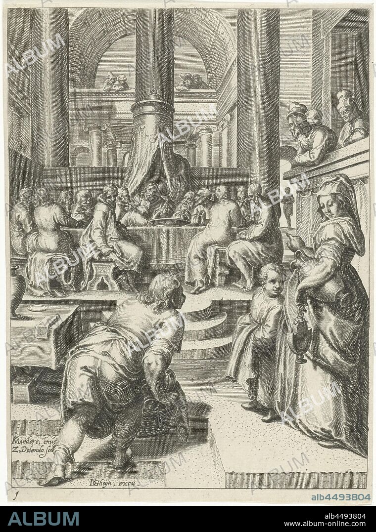 Last Supper Passion of Christ (series title ) Christ sits with his disciples around a table in a large, sacred space. In the foreground two servants bring bread and wine. A man lifts a basket of bread and a woman with a boy carries jugs of wine. Print from a series of 13 prints and a title print by Z. Dolendo and J. de Gheyn II., Last Supper (in general) (Matthew 26: 21-35, Mark 14: 18-31, Luke 22: 3, 22 : 15-23, John 13: 21-38), Zacharias Dolendo (mentioned on object), Leiden, 1596 - 1598, paper, engraving, h 140 mm × w 105 mm.