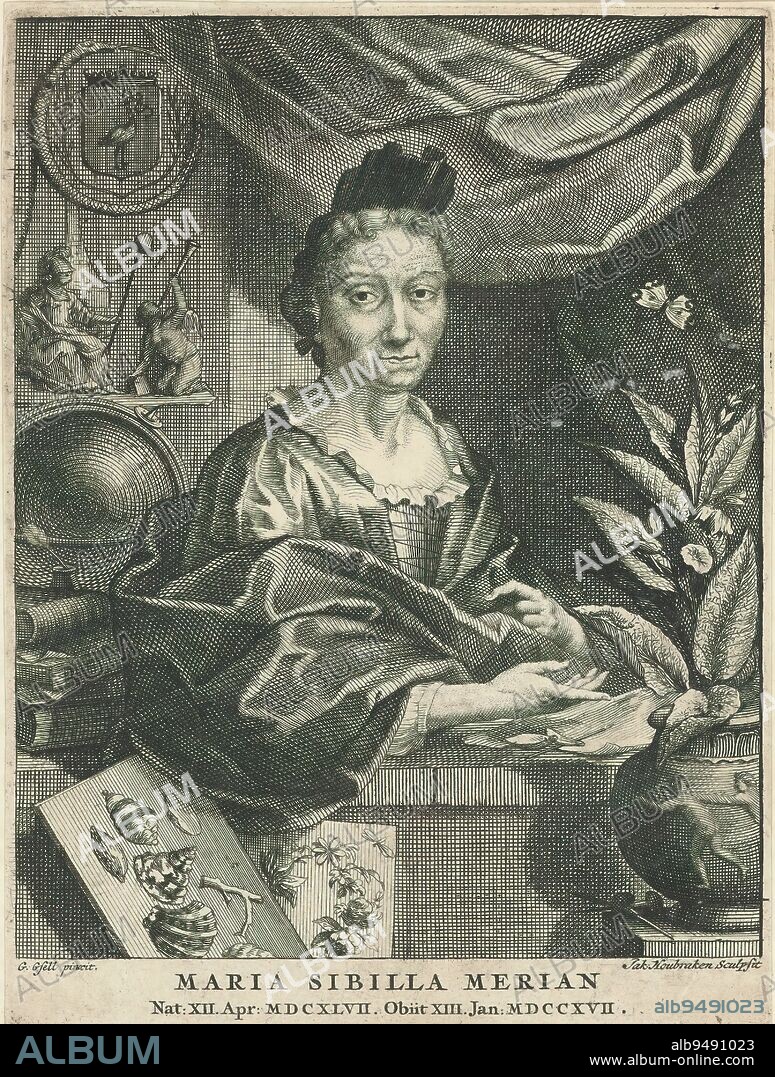 Portrait of Maria Sibylla Merian, Behind Maria Sibylla Merian a personification of the struggle with a tree of freedom (Dutch virgin). On the wall the coat of arms of The Hague. In the foreground shells and plants. Text in Latin in the lower margin. Print is part of an album., print maker: Jacob Houbraken, (mentioned on object), after painting by: Georg Gsell, (mentioned on object), 1708 - 1780, paper, etching, engraving, height 165 mm × width 124 mm.