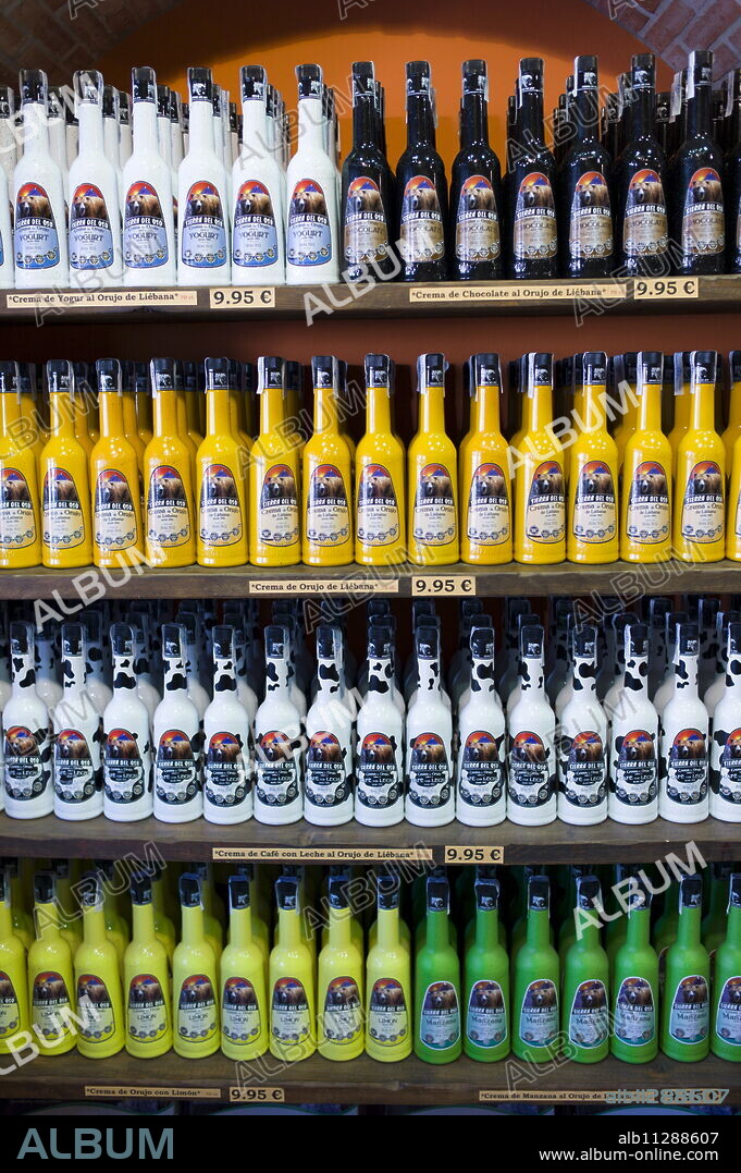 Crema de Orujo de Liebana from Sierra Del Oso local speciality flavoured liqueur on sale in shop in Potes, Asturias, Spain.
