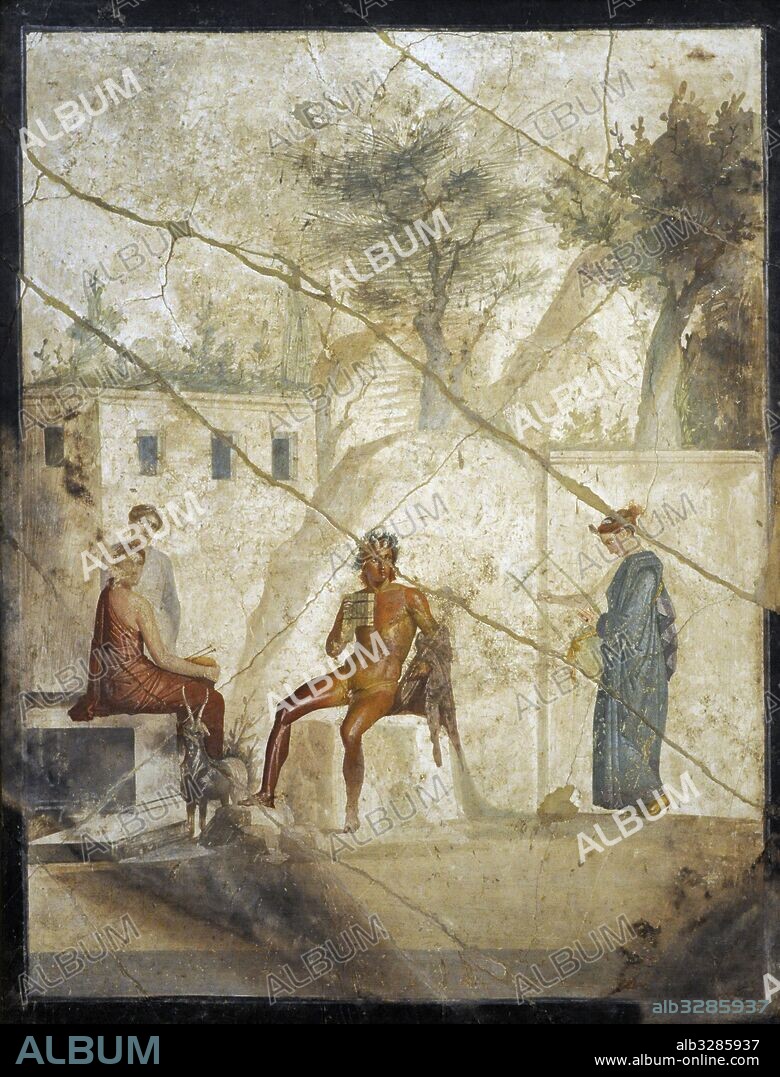 Pan tocando la doble flauta junto a una ninfa que toca la lira y otras dos ninfas acompañándolos. Fresco romano. Casa de Jasón (20-25). Pompeya. Museo Arqueológico Nacional. Nápoles. Italia.