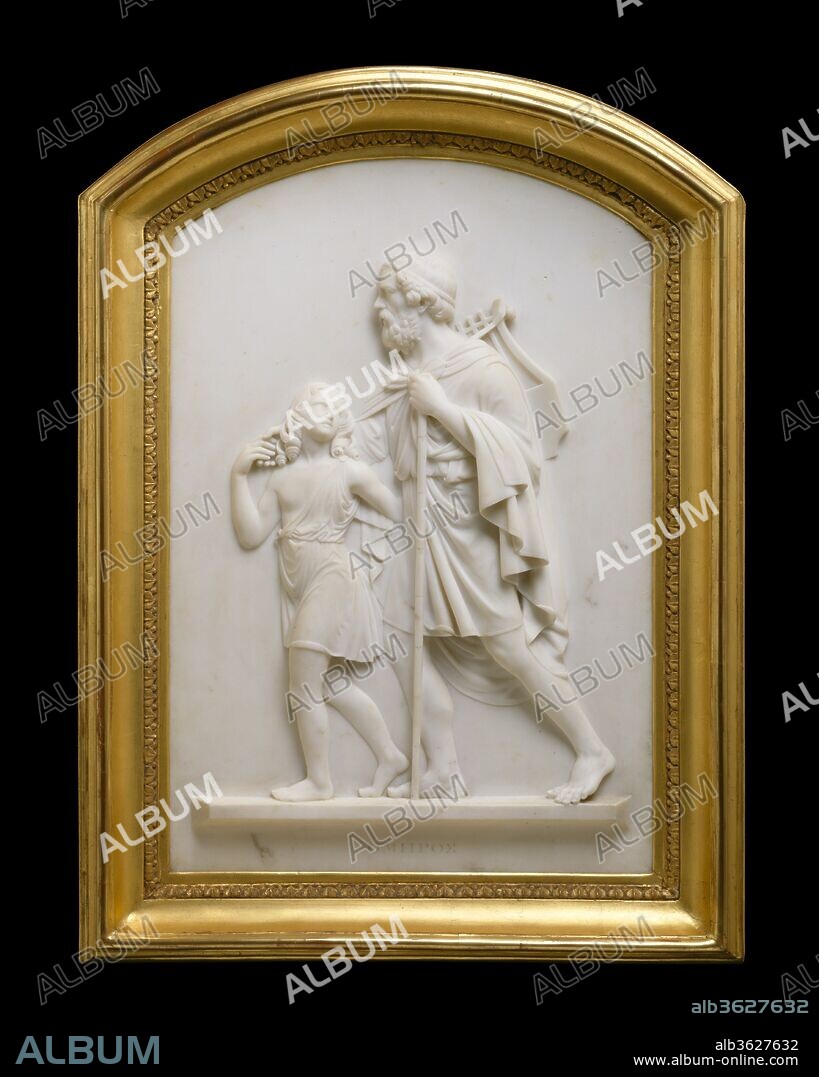 Blind Homer Led by the Genius of Poetry. Artist: Edward Sheffield Bartholomew (1822-1858). Dimensions: 29 3/4 x 20 3/8 in. (75.6 x 51.8 cm)
Framed: 36 1/2 x 27 1/8 x 3 3/4 in. (92.7 x 68.9 x 9.5 cm). Date: 1851.
One of many American neoclassical sculptors who worked on Italy during the mid-nineteenth century, Bartholomew had a brief but successful career. "Blind Homer Led by the Genius of Poetry" attests to his command of the illusionistic and technical challenges of relief sculpture. The figures project convincingly as Poetry leads Homer across a plinth. They are dressed in classical garb that clings to their bodies yet falls in stylizing folds, suggesting the pull between realism and idealism often evident in mid-nineteenth-century American sculpture. This relief--and indeed many by Bartholomew and other Americans--reflects the profound influence of Italian sculptor Antonio Canova, especially in the crisp linearity of form and refined carving. The marble is surrounded by its original gilt frame.