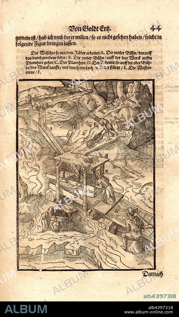 Goldwaschen, Woodcut to the end of the gold washing from the 16th century, Fig. 1, p. 44r, 1598, Lazarus Ercker: Beschreibung allerfürnemisten mineralischen Ertzt unnd Bergkwercks Arten, wie dieselbigen, und eine jede in Sonderheit, jrer Natur und Eygenschafft nach, auff alle Metalla probirt, und im kleinen Fewr sollen versucht werden [...]. Das ander Buch. Gedruckt zu Franckfurt am Mayn: durch Johan Feyerabendt, 1598.