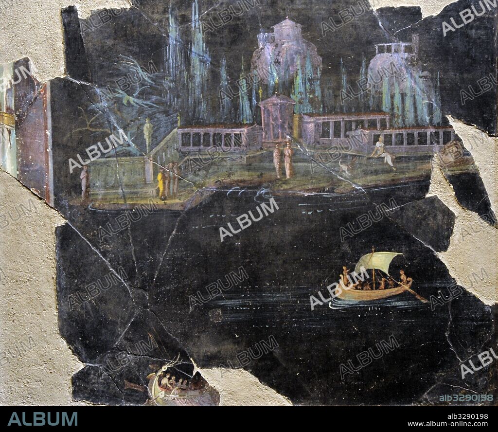Fresco romano con la representación de un paisaje fluvial con barcos. 30 a. C. -37. Procedente de Pompeya. Museo Arqueológico Nacional. Nápoles. Italia.