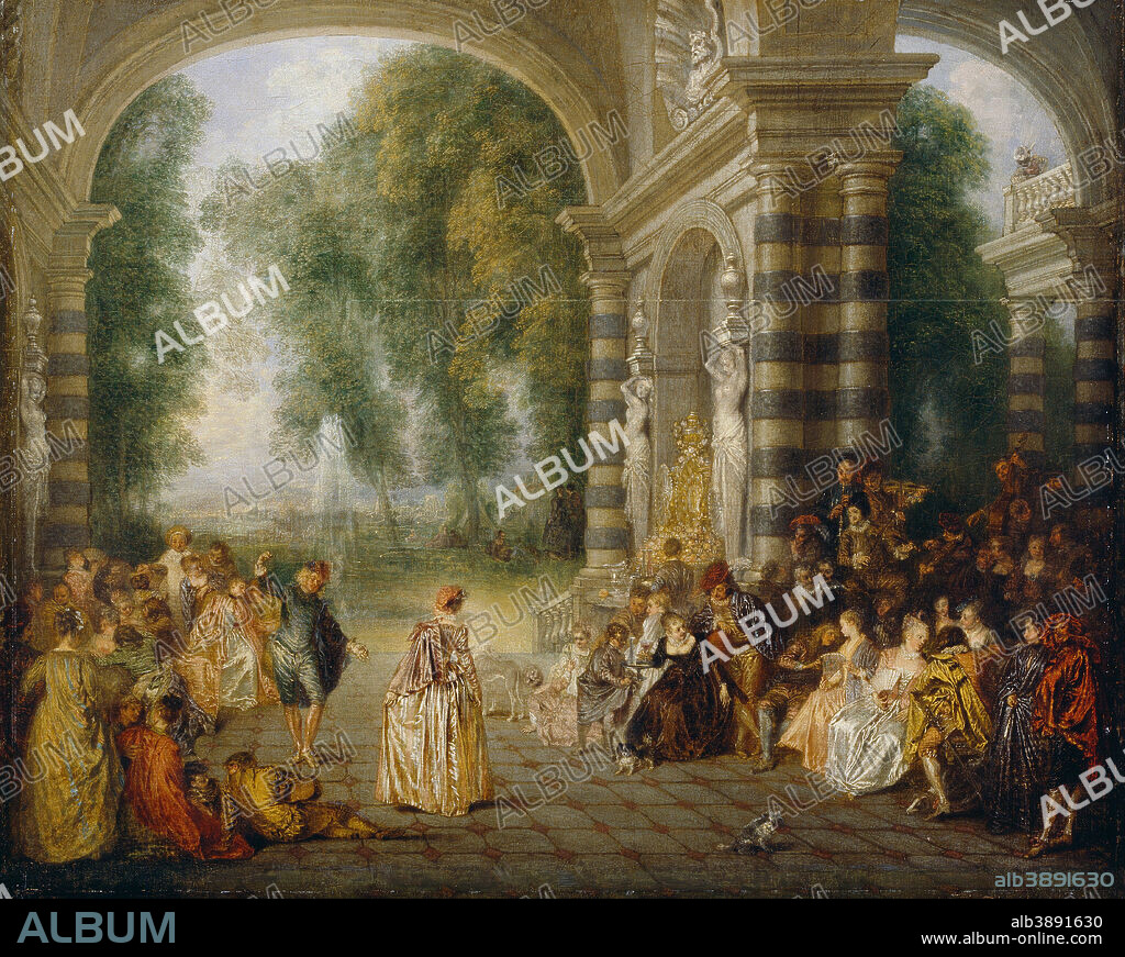 ANTOINE WATTEAU. Les Plaisirs du Bal. Date/Period: Ca. 1715-17. Painting. Oil on canvas Oil. Height: 525 mm (20.66 in); Width: 652 mm (25.66 in).