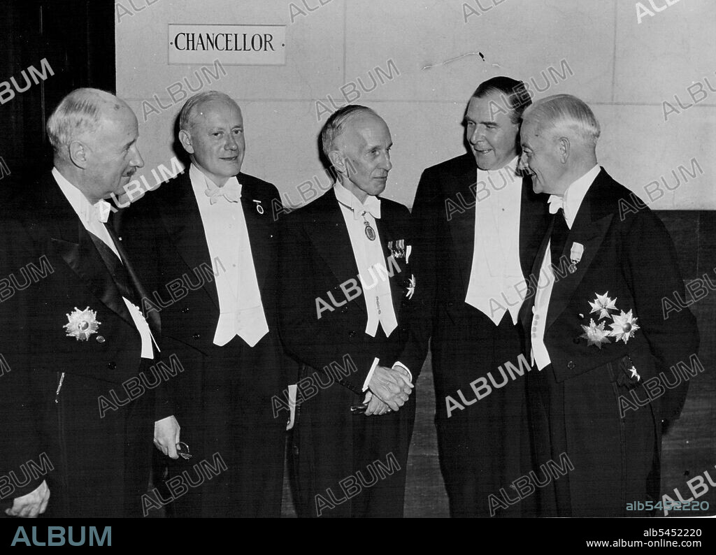 International Red Cross Conference In Toronto -- Photographed at the formal opening of the International Red Cross Conference at Present being held in Toronto, left to right: Ambassador Andre Francois-Poncet of the French Red Cross; John MacAuley Winnipeg, Canada, Chairman of the Conference; Governor General Massey; Dr. Paul Ruegger, President of the International Red Cross; and Mr. Justice Emil Sandstrom, Chairman of the Board of Governors, from Stockholm, Sweden. August 08, 1952. (Photo by Fox Photos).