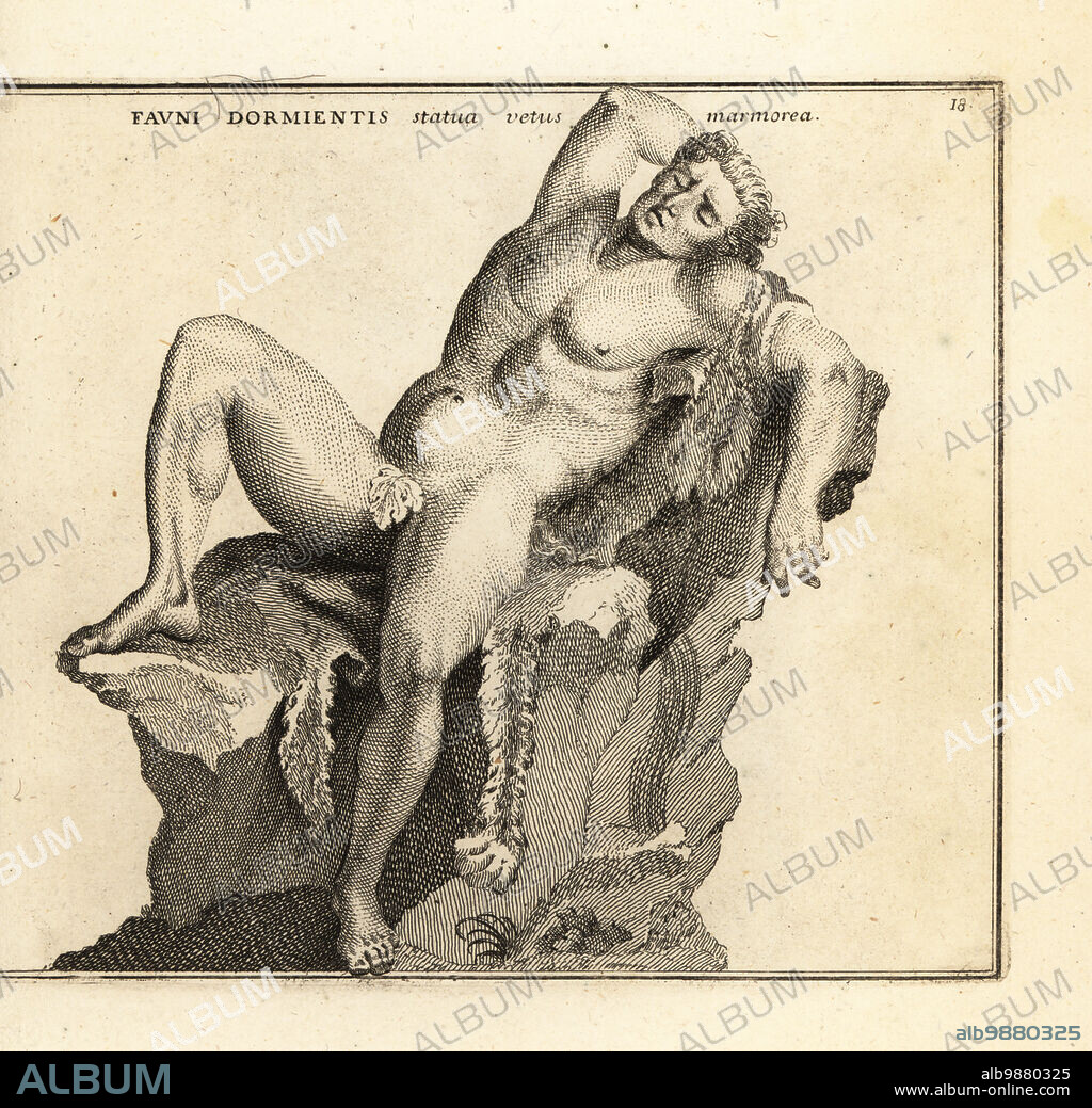 Barberini Faun, Fauno Barberini, Sleeping Faun or Drunken Satyr, by an unknown Hellenistic sculptor of the Pergamene school. Now in the Glyptothek in Munich, Germany. Fauni Dormientis statua vetus marmorea. Copperplate engraving by Giovanni Battista Cannetti from Copperplates of the most beautiful ancient statues of Rome, Calcografia di piu belle statue antiche a Roma, engraved by Cannetti all'Arco della Ciambella, published by Gaetano Quojani, Rome, 1779.