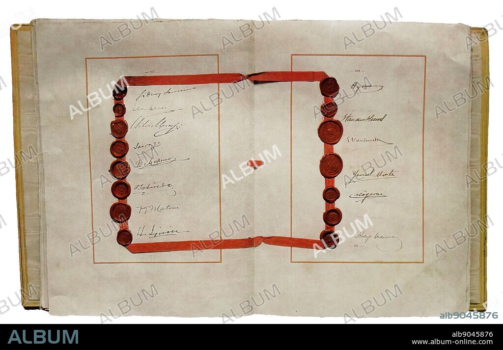 Treaty of Versailles with signatures of Japanese; Belgian; Bolivian; Brazilian and Italian delegates.