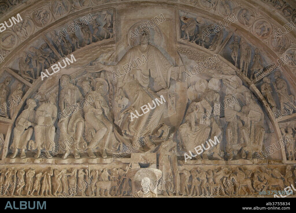 Close-up of Narthex tympanum, Vezelay Basilica, Vezelay, UNESCO World Heritage Site, Yonne, Burgundy, France, Europe.