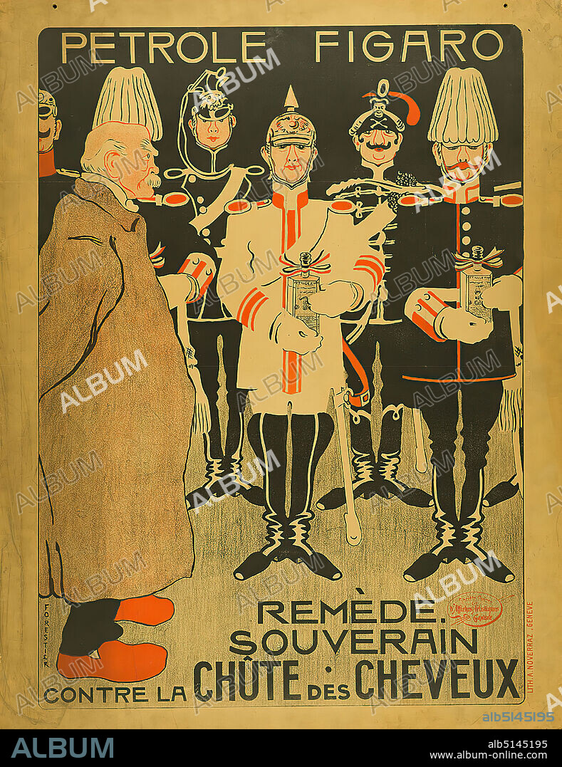 Lith. F. Noverraz & Fils, Henry-Claude Forestier, Petrole Figaro - Remède souverain contre la chûte des cheveux, paper, lithography, total: height: 101,5 cm; width: 77,7 cm, signed: im Druck u. li. (vertical): FORESTIER, product advertising (posters), uniforms (military), hair care.