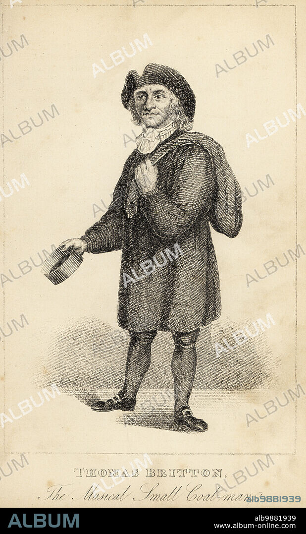 Thomas Britton, the musical small coal-man, 1644-1714. Famous for his concerts, library of antiquarian music, collection of musical instruments. Depicted with his coal sack and measure. Lithograph after a stipple engraving by R. Page from Henry Wilson and James Caulfields Book of Wonderful Characters, Memoirs and Anecdotes, of Remarkable and Eccentric Persons in all ages and countries, John Camden Hotten, Piccadilly, London, 1869.