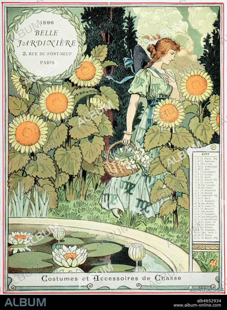 Calendrier de l'annee 1896 : 'aout'. Une femme passe avec un panier rempli de fleurs pres d'un bassin ou flottent des nenuphars . Illustration de GRASSET (1845-1917) pour le magasin Belle Jardiniere, 1895. Credit : Collection KHARBINE-TAPABOR.